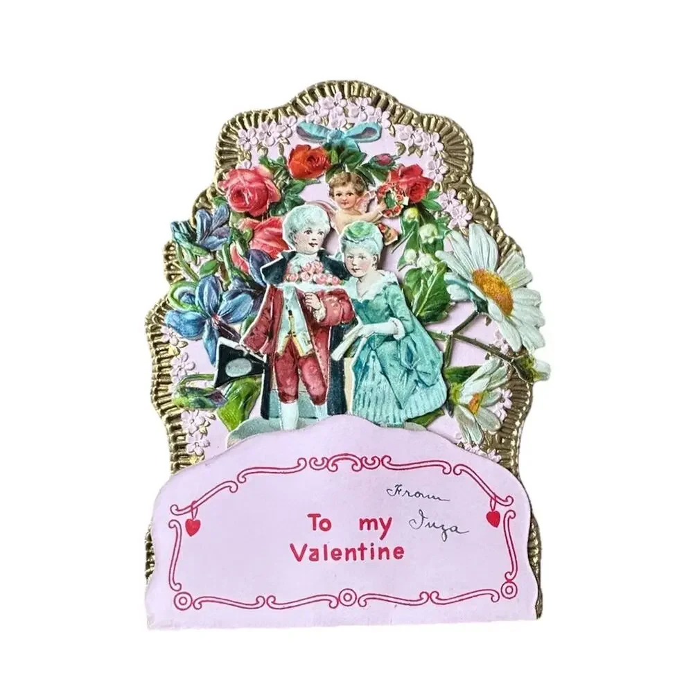 Victorian Antique Vintage Germany Diecut 3-D VALENTINES Card Cupid Couple Floral